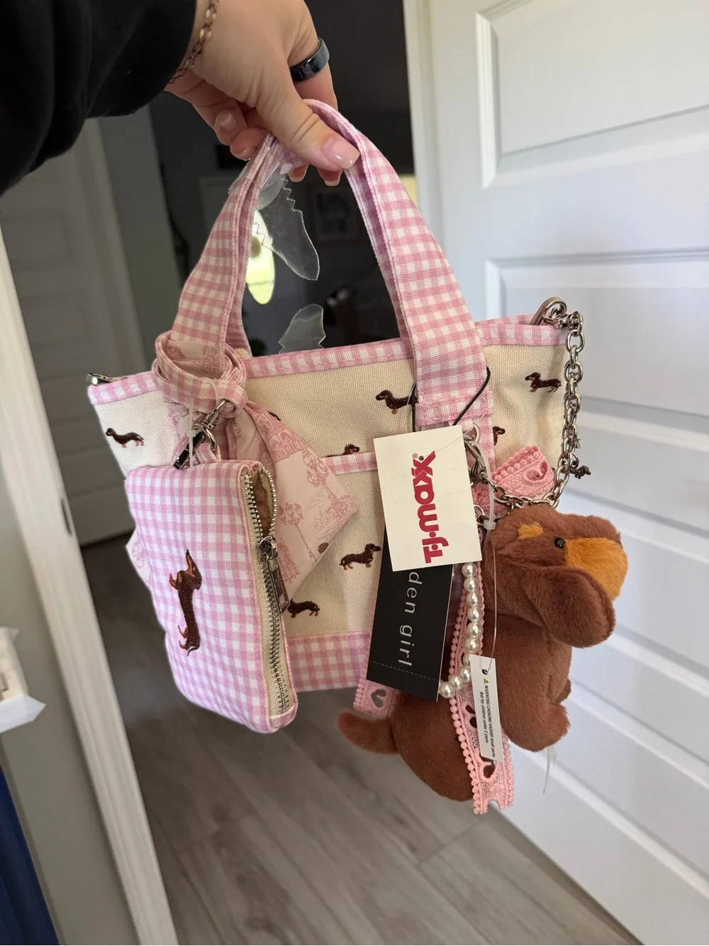 Viral Pink Gingham Dachshund Tote Bag with Plush Charm